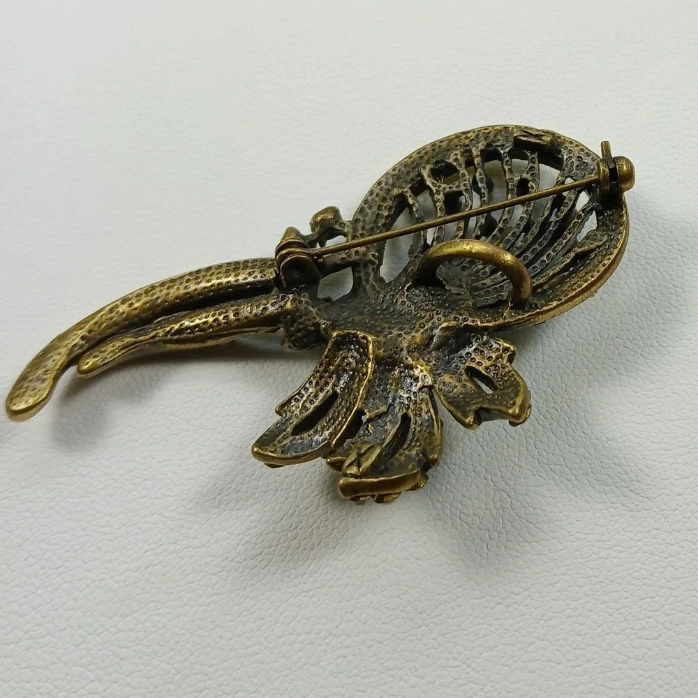 Vintage Green Rhinestone Brooch Pendant Bronze Tone‎ Floral Pin Unisex